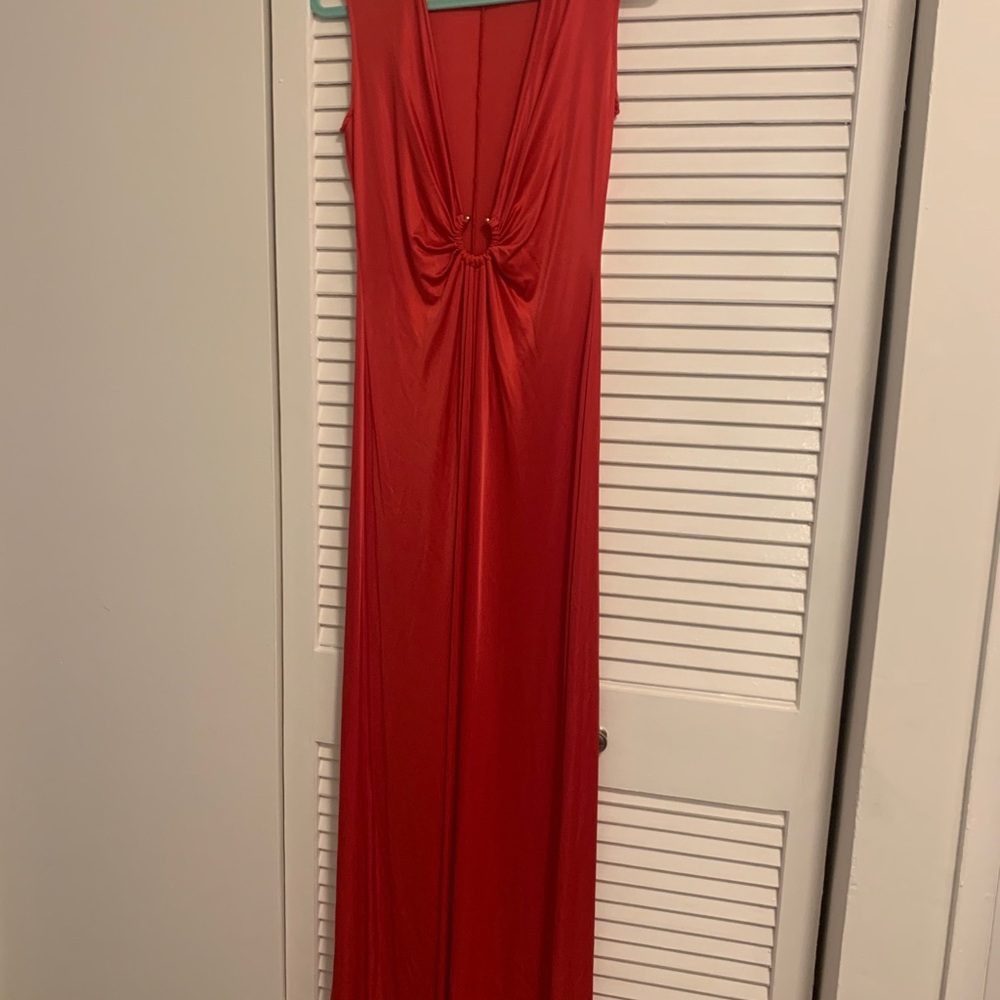 BCBG Maxazaria gold ring deep V neck dress